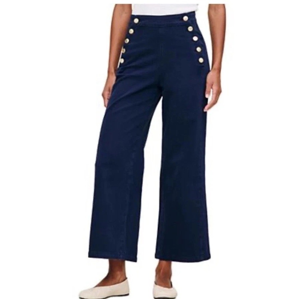 J Crew Sailor‎ Blue 100% Linen High Rise Lattice Back Lace Up Wide Leg -Size 12P